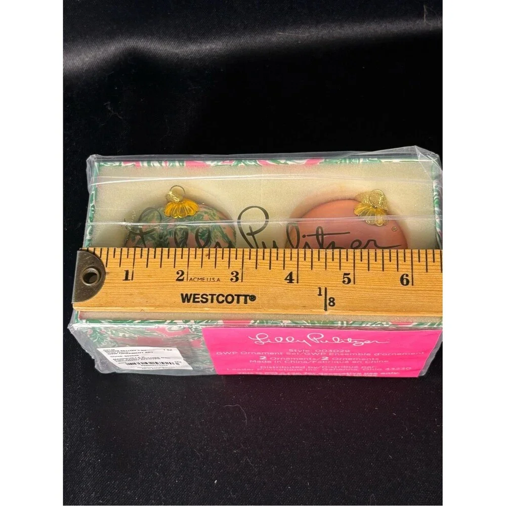Lilly Pulitzer Christmas Ornaments Set of 2 Pink Floral Glass Baubles New in box